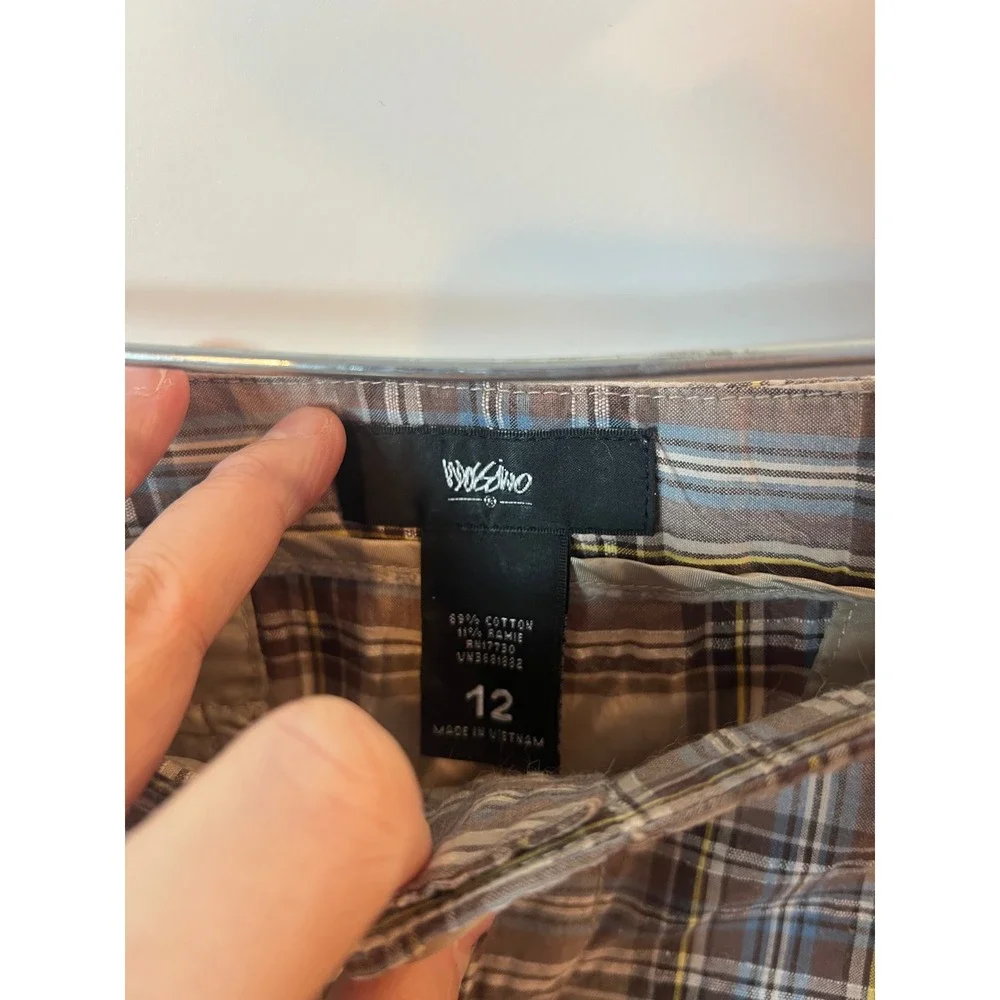 Mossimo Womens Plaid Shorts Cotton Ramie Blend Brown Tan Blue Size 12